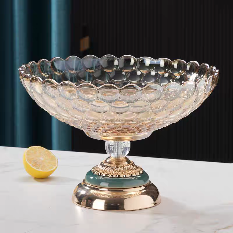 玻璃果盘带底座欧式水果盘 珠点果斗竖条纹玻璃盘子 别墅样板间果盆果篮装饰果盘大号玻璃碗金属底座工艺品详情图1