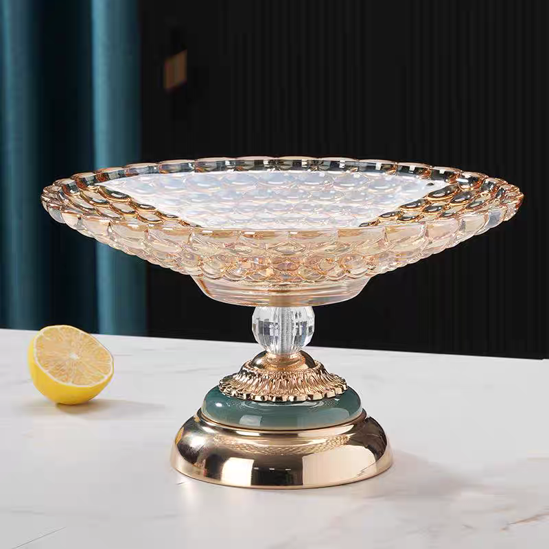 玻璃果盘带底座欧式水果盘 珠点果斗竖条纹玻璃盘子 别墅样板间果盆果篮装饰果盘大号玻璃碗金属底座工艺品细节图