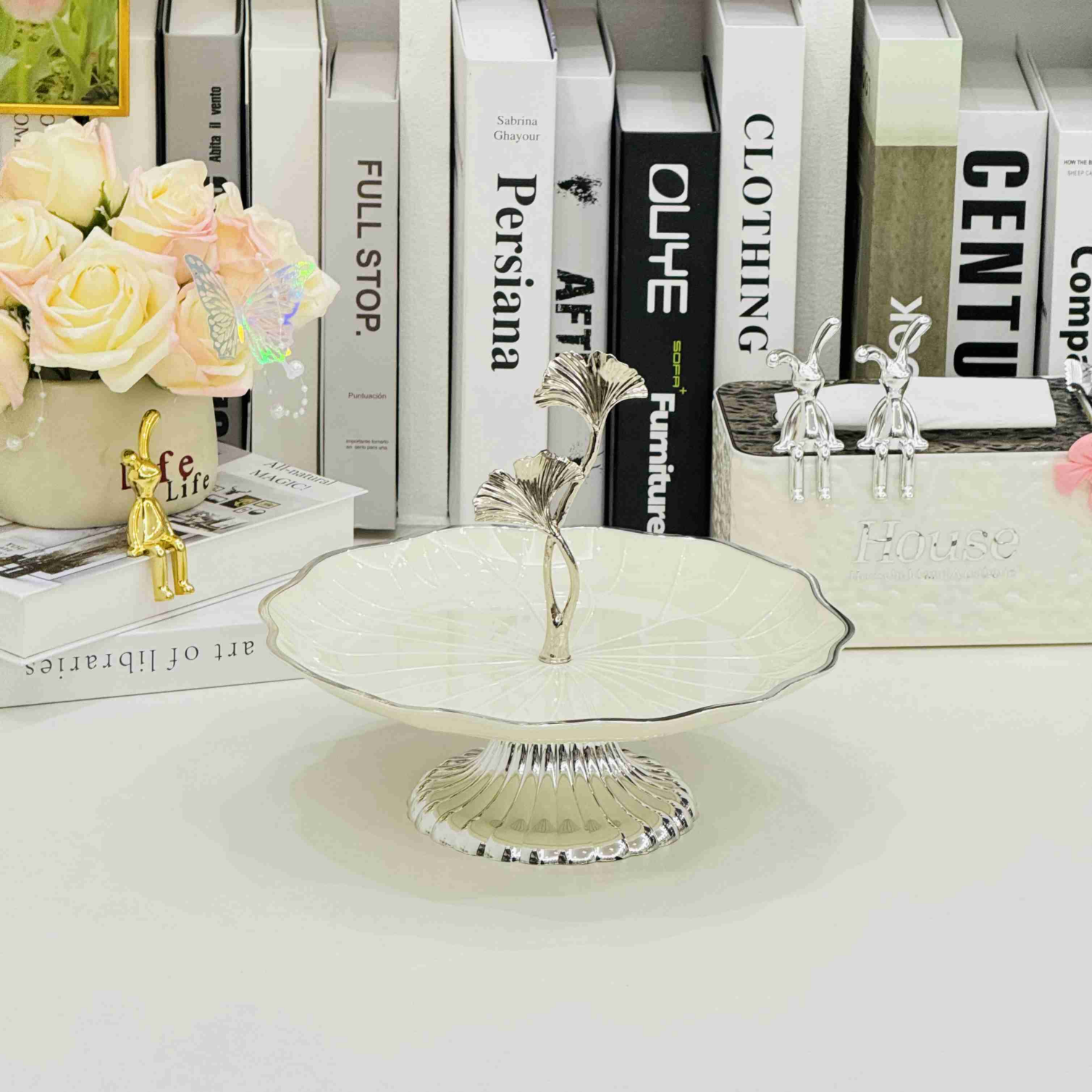 2024新款网红高级水果盘客厅家用糖果简约优雅创意分格盘点心干果盘客厅茶几绿银聚会前台酒店零食瓜子水果拼盘花茶干果零食碟详情6