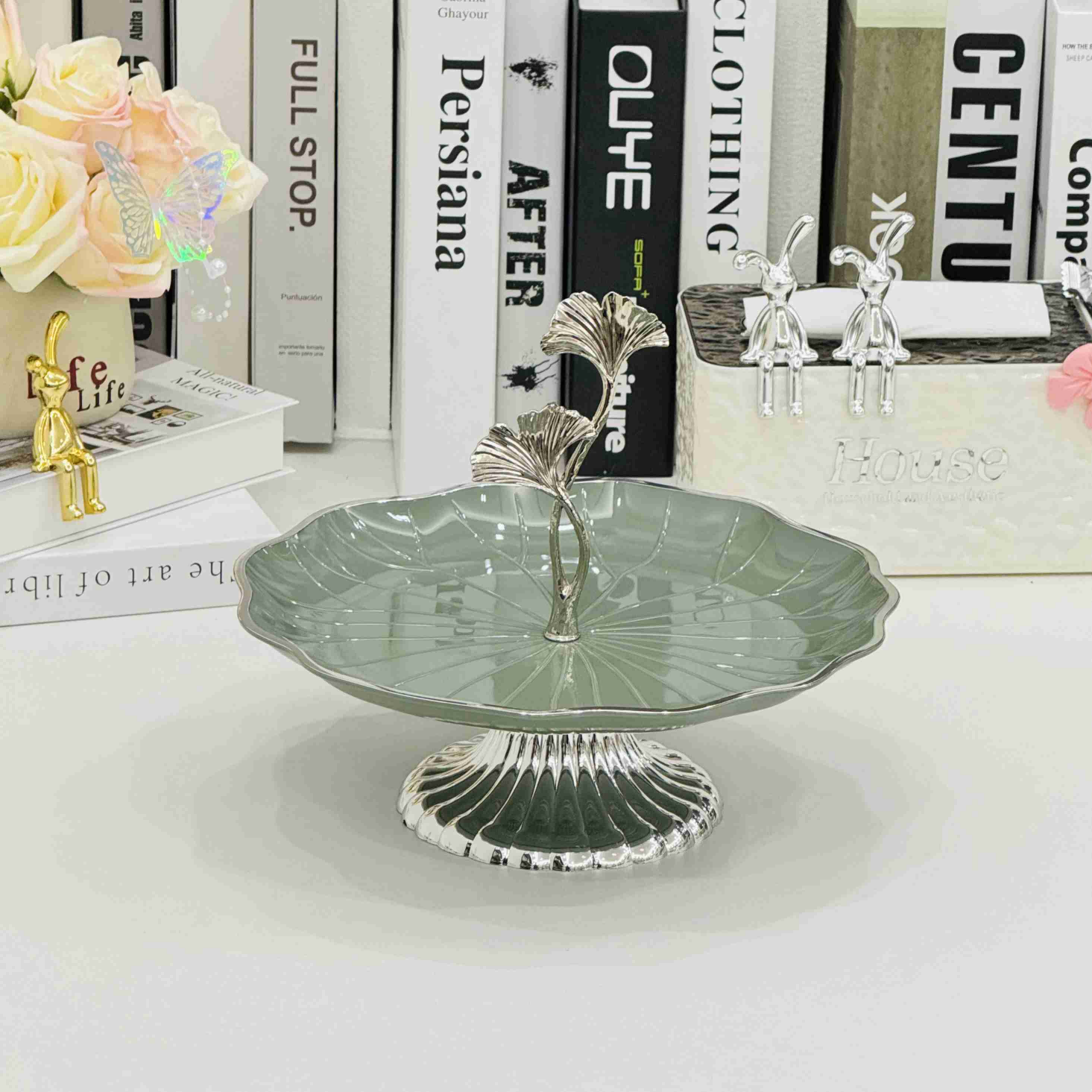 2024新款网红高级水果盘客厅家用糖果简约优雅创意分格盘点心干果盘客厅茶几绿银聚会前台酒店零食瓜子水果拼盘花茶干果零食碟详情9