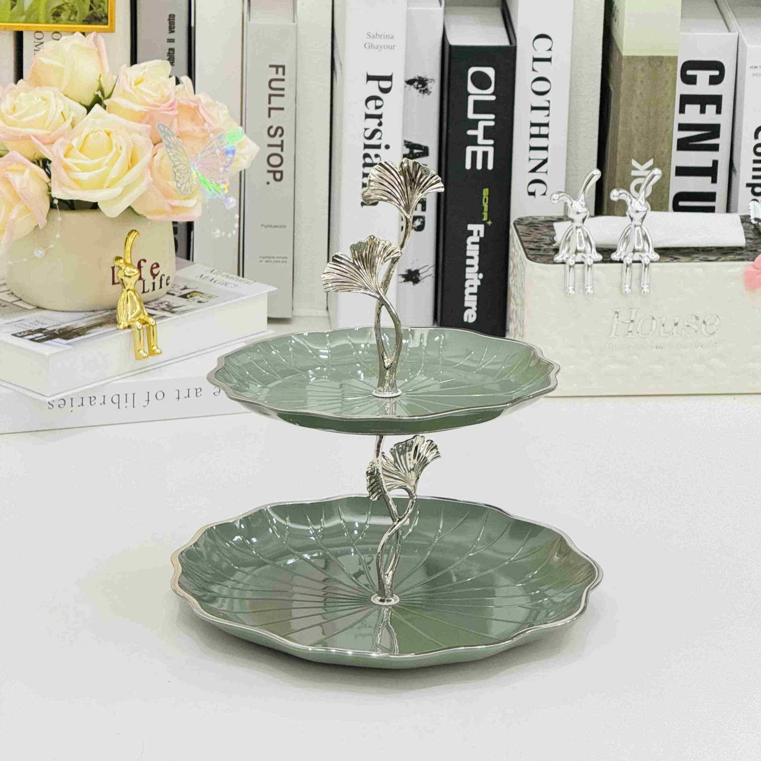 2024新款网红高级水果盘客厅家用糖果简约优雅创意分格盘点心干果盘客厅茶几绿银聚会前台酒店零食瓜子水果拼盘花茶干果零食碟详情10