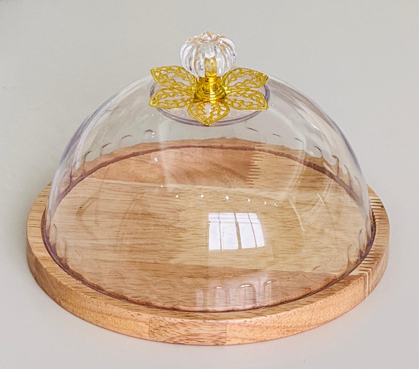 Bamboo and wood Order 5 snack, fruit and cake plates, practical home use, dust-proof transparent cover, dessert tray, wooden products, fruit store place tasting plate with cover, fruit bamboo and wood display plate, cake and pastry tray with transparent PC round dust-proof cover Specification image