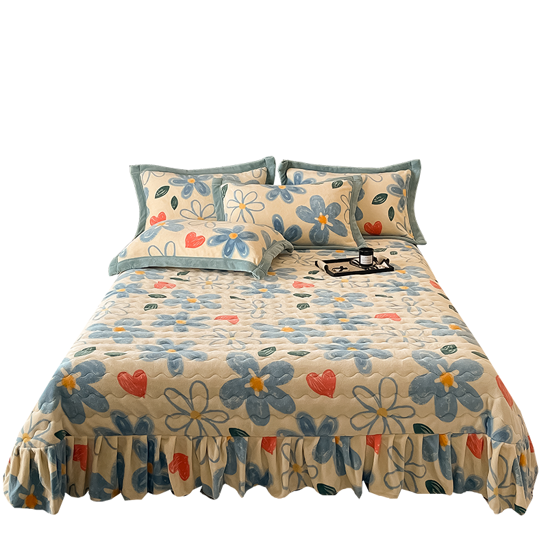 Printed milk wool quilted cotton-padded bed cover pillowcase three-piece set, thickened warm bedding set, home textile set, fresh DB home textile bed cover Item Picture