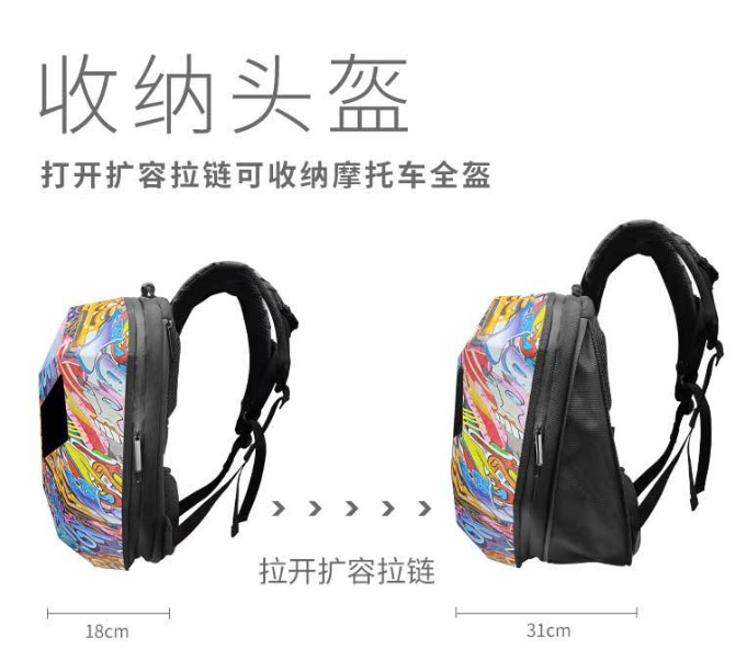 LOY钢铁侠彩色LED机车包骑士发光眼睛屏背包学生滑板摩托车防水双肩包详情15