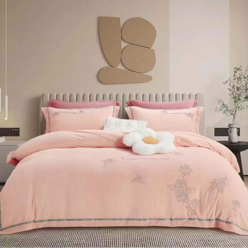 Winter milk velvet embroidered four-piece quilt cover with velvet anti-static bed sheet and bed hat style four-piece set 220*240 details Picture