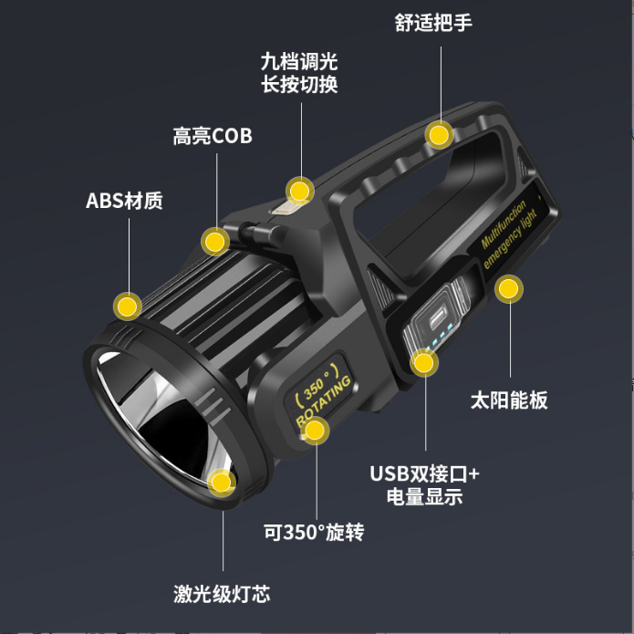 2023新款跨境多功能太阳能手提灯探照灯强光手电大功率照明 电筒详情5