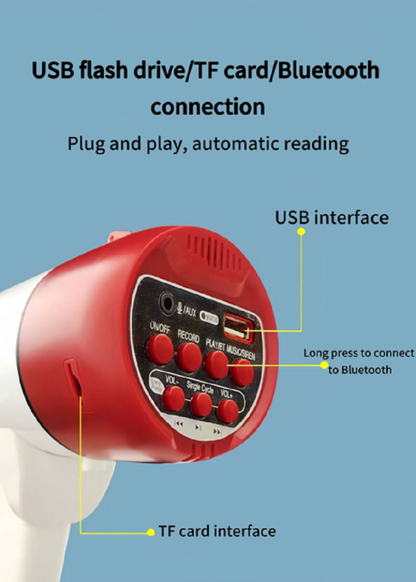 Bluetooth loudspeaker, high-pitched horn, loudspeaker, vending machine, recording loud, Bluetooth handheld street vending loudspeaker, 50W high-power handheld wireless loudspeaker, multi-functional loudspeaker, card-insertable Bluetooth promotional loudspeaker, loudspeaker Specification drawing