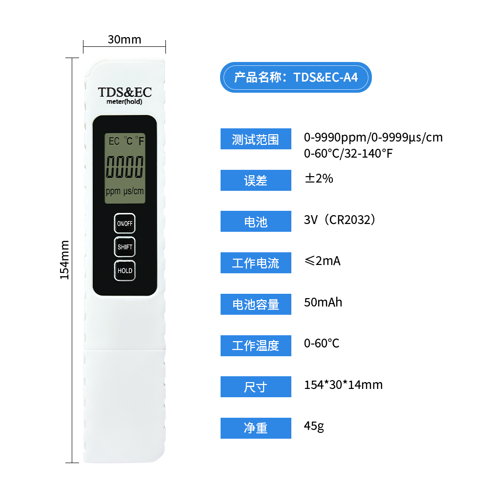 新款升级版水质检测笔 家用饮用水三合一温度电导率TDS/EC测试笔防滑设计产品图