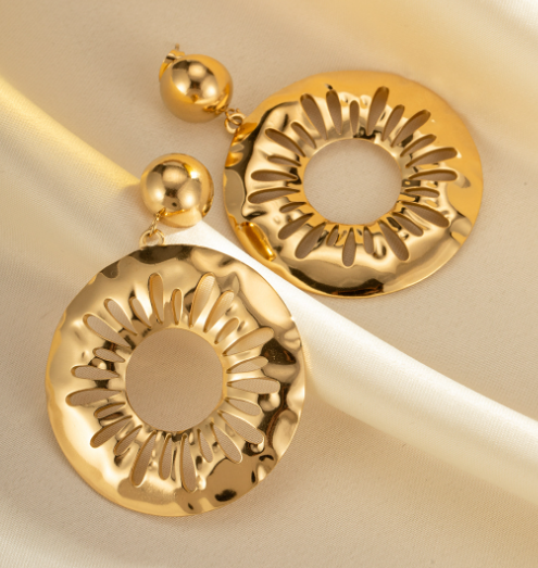 跨境专供夸张耳环高级感金色不锈钢圆形镂空耳环法式复古厂家直销产品图