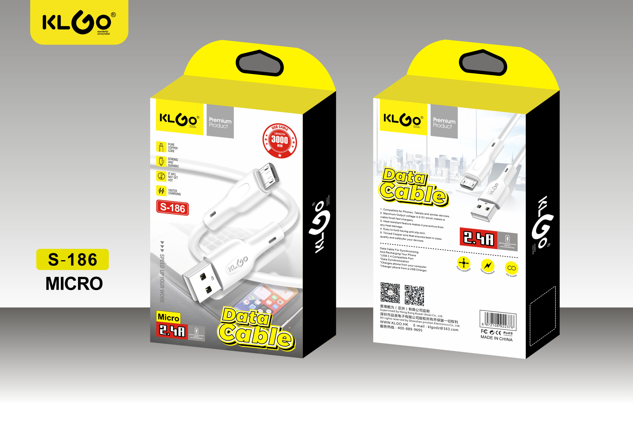 KLGO Cool is a brand 3-meter white 2.4A S-186 Android data cable and charging cable details Picture