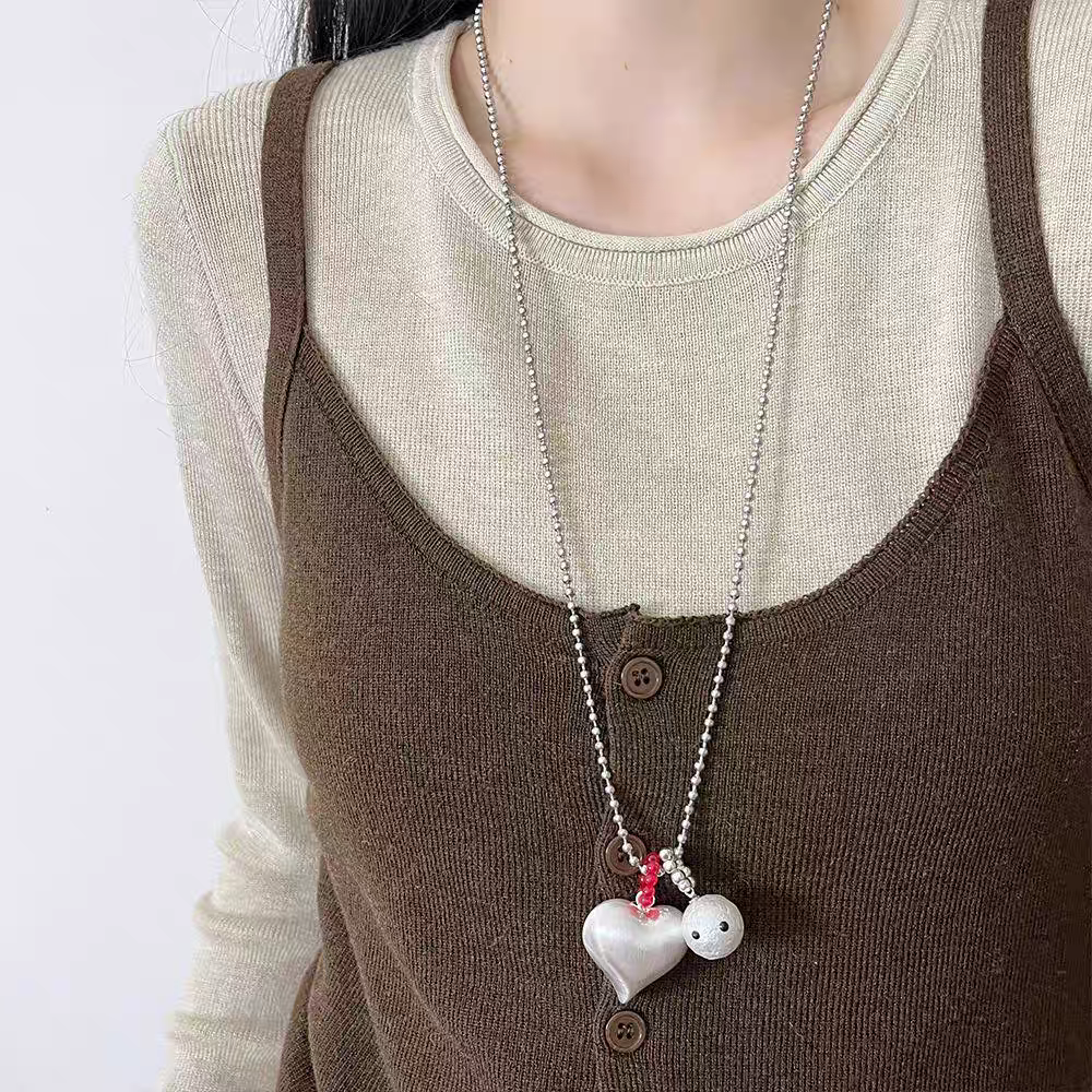小众设计拉丝爱心棉花珍珠吊坠项链女韩国ins时尚百搭颈链毛衣链欧美珍珠项链银饰