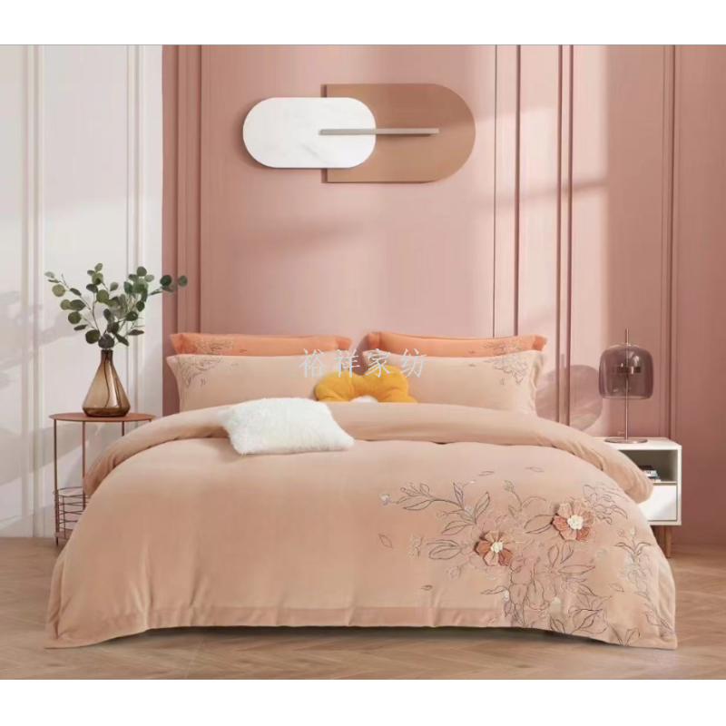 New thickened and warm milk velvet embroidered four-piece set winter coral velvet bed sheet and duvet cover Specification image