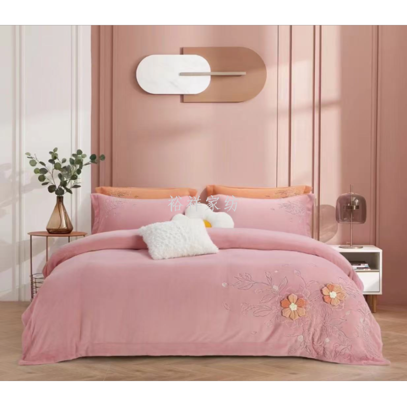 New thickened and warm milk velvet embroidered four-piece set winter coral velvet bed sheet and duvet cover