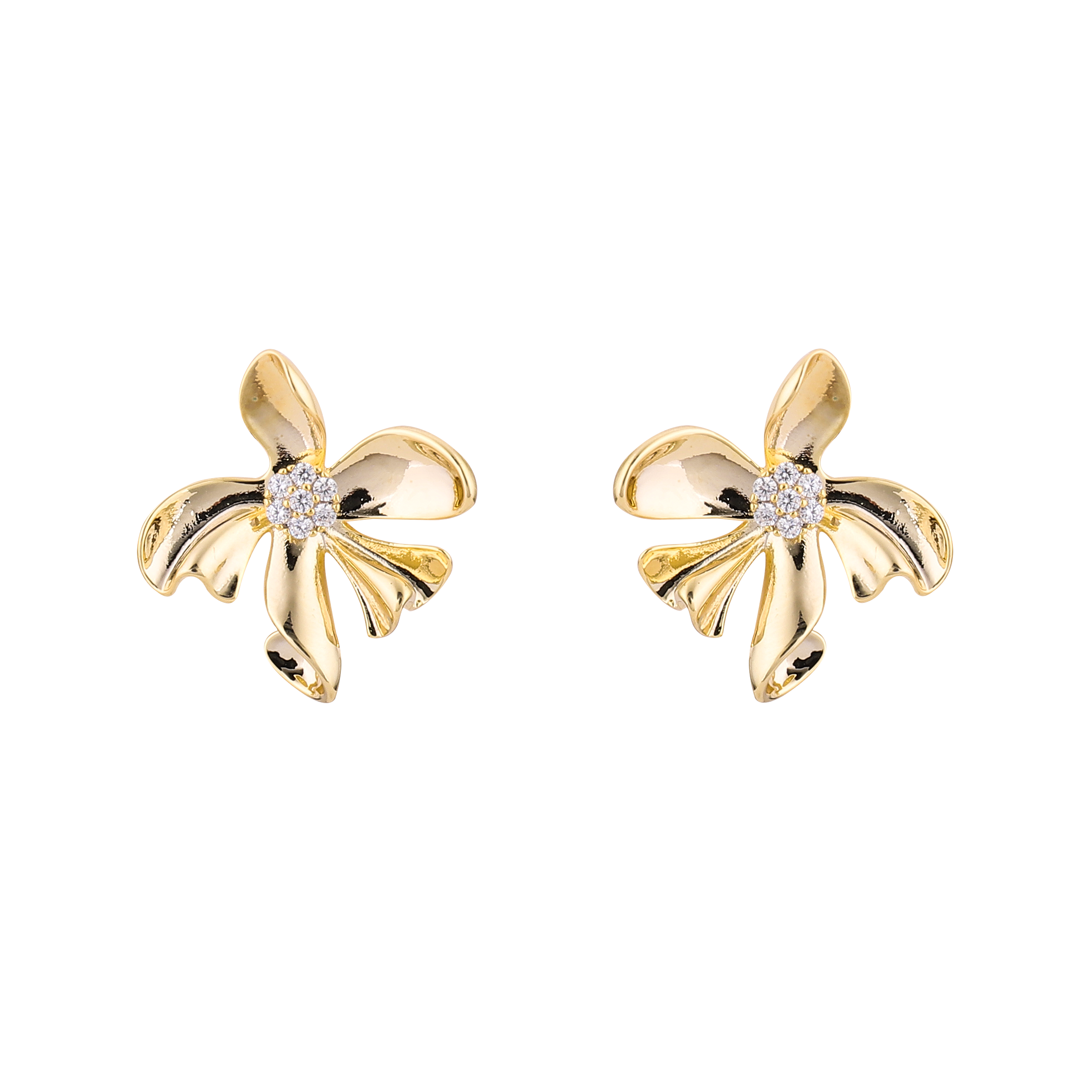 Xuhui brand exquisite and light luxury copper plated with real gold and zircon inlaid, cold style 925 silver needle flower stud earrings Specification drawing
