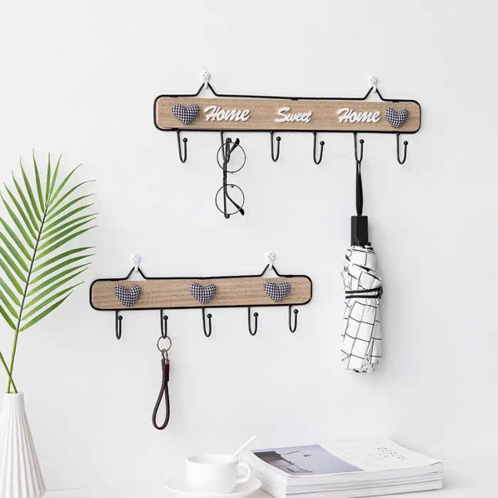 北欧风创意实木铁艺装饰挂钩家用免打孔门口钥匙架玄关墙壁挂衣架