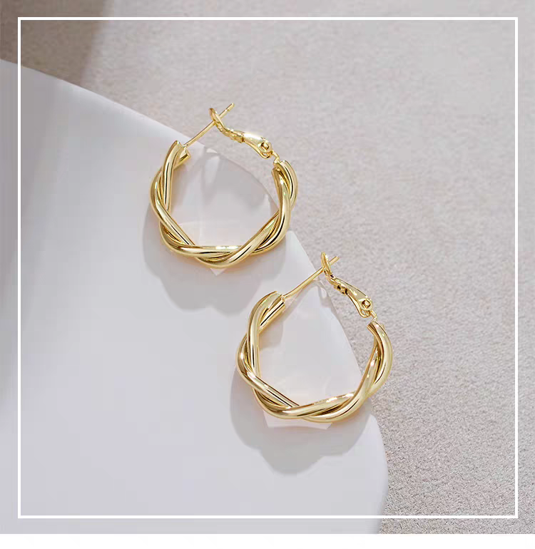 European-style twisted metal small earrings are perennial bestsellers for women. They are fashionable earrings with versatile designs, including stud earrings and ear loops Item Picture
