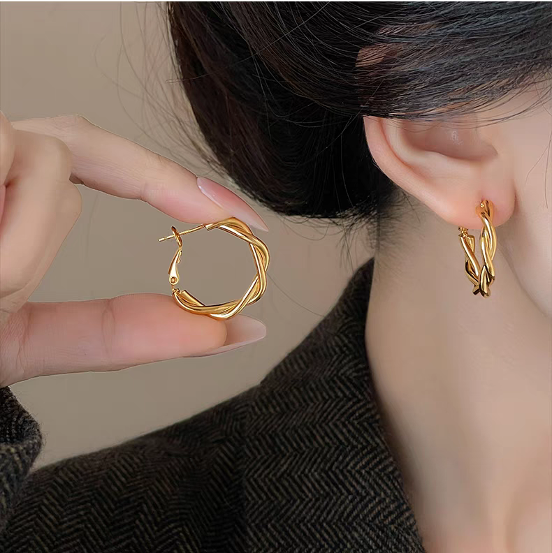 European-style twisted metal small earrings are perennial bestsellers for women. They are fashionable earrings with versatile designs, including stud earrings and ear loops details Picture