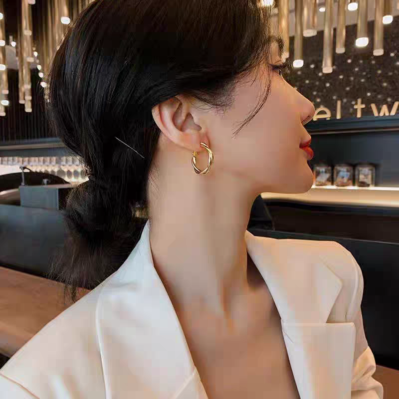European-style twisted metal small earrings are perennial bestsellers for women. They are fashionable earrings with versatile designs, including stud earrings and ear loops Specification image