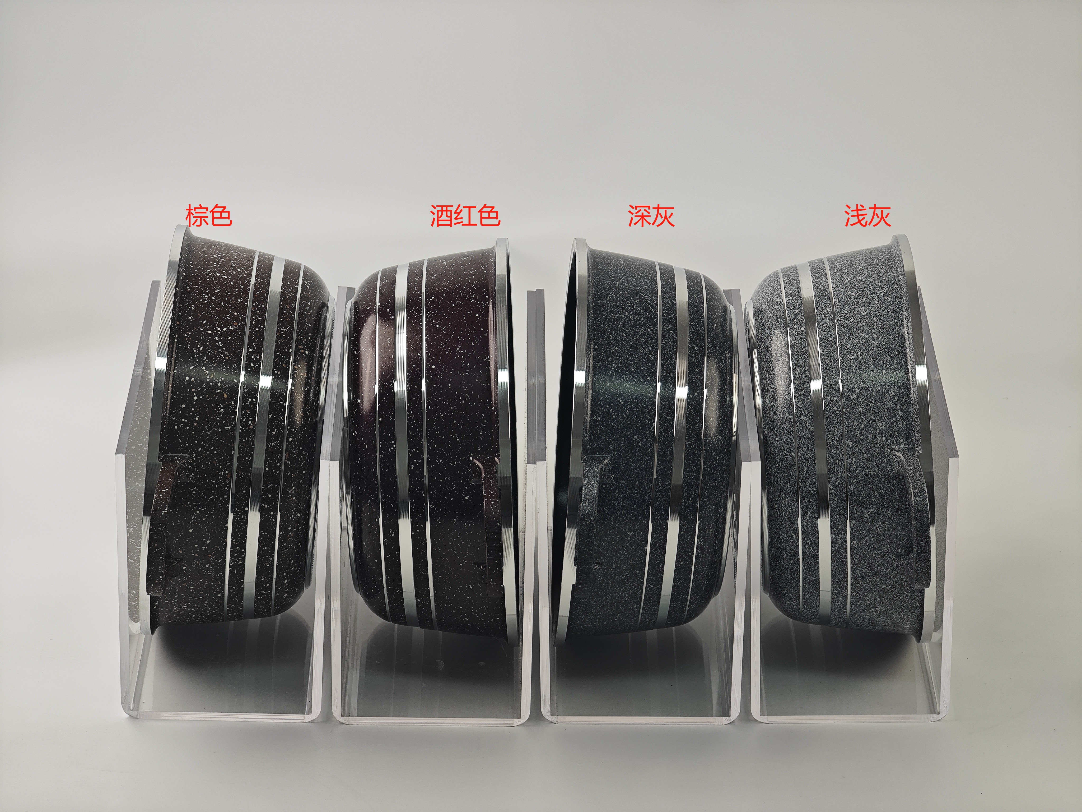 Elegant Series 10-piece set: 20/24/28/32 soup pot, 28 shallow soup pot, G-shaped lid, five-layer silver-embossed color box under the car, 4 sets per box. Colors: black, wine red, brown, gray Application Scenario