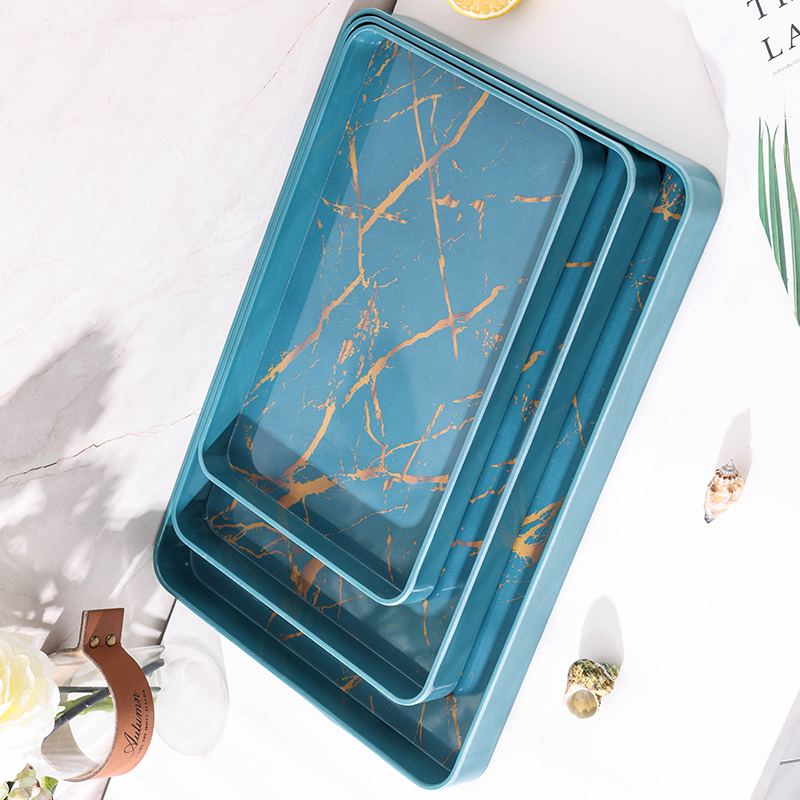 Melamine plate, fruit plate, home living room coffee table, snack fruit plate, round rectangular, marble-patterned melamine tray, green Item Picture