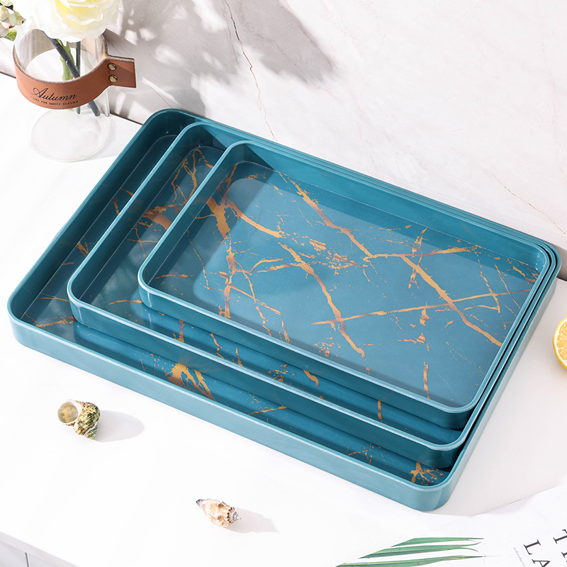 密胺盘水果盘家用客厅茶几零食果盘圆形矩形大理石纹密胺托盘绿色