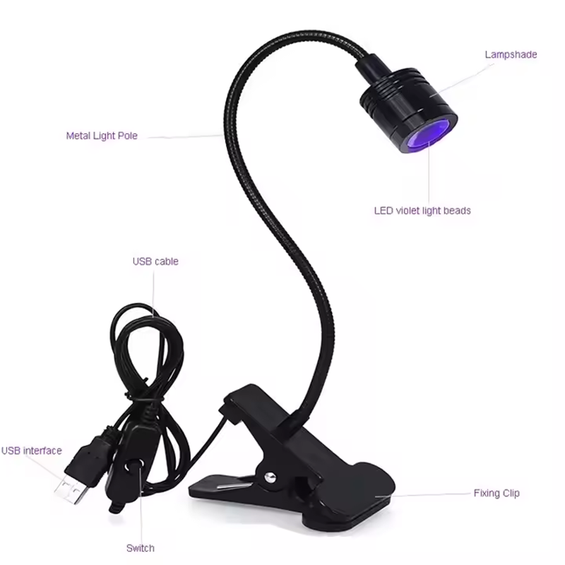 New type of nail art lamp with a cylindrical head, flexible hose, extendable usb power supply, and a dedicated wearable nail for attaching nails Application Scenario