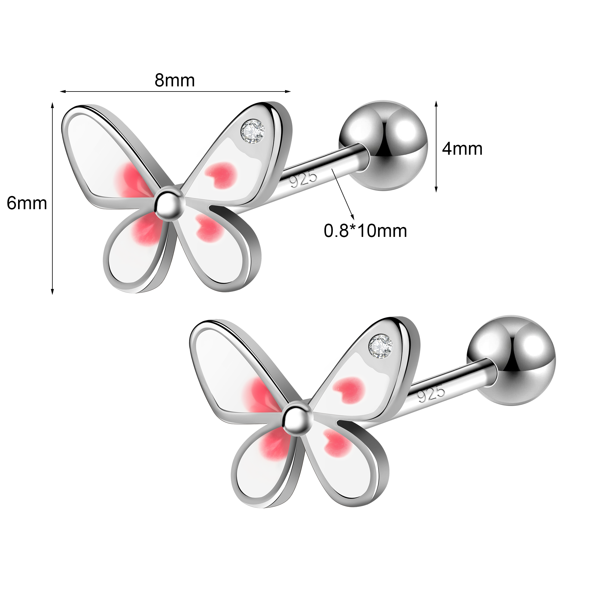 0.8*10*6/8mm钢色淡粉蝴蝶S925螺丝拧扣耳钉(配圆球耳堵,钻左右随机)1对