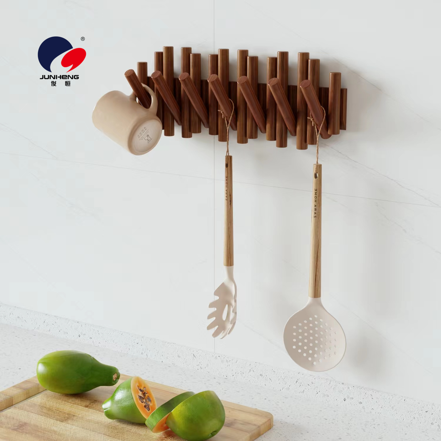 Solid wood coat rack, wall-mounted clothes hanger, stick, piano key style, door rear wall hook, bedroom nail-free storage rack Application Scenario
