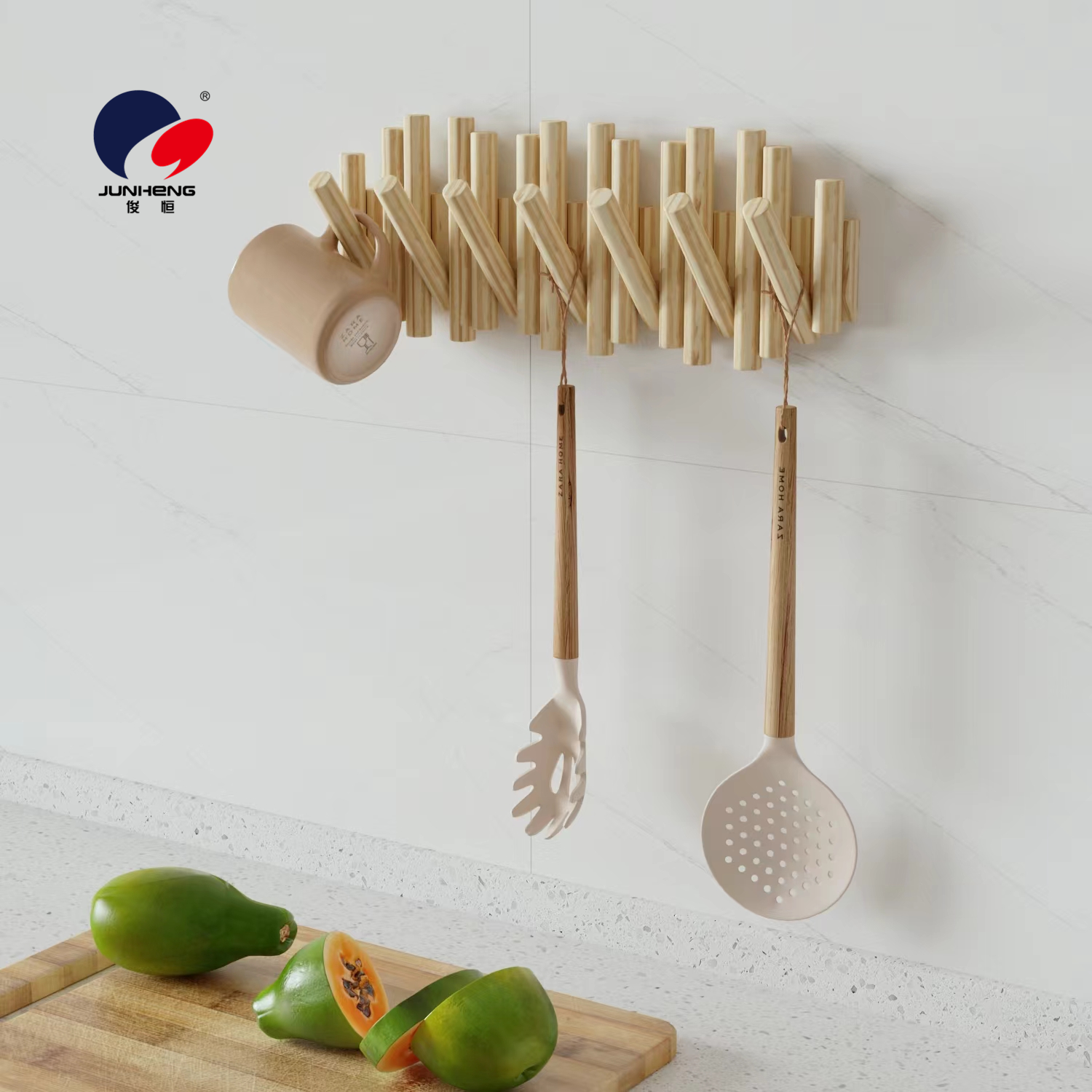 Solid wood coat rack, wall-mounted clothes hanger, stick, piano key style, door rear wall hook, bedroom nail-free storage rack details Picture