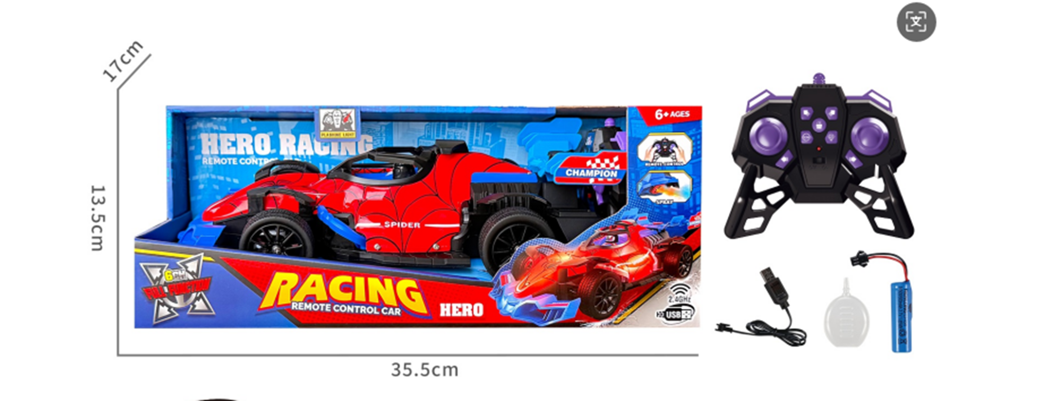 New 2.4G spray remote control car, lights, music, children's racing car, battery pack Item Picture