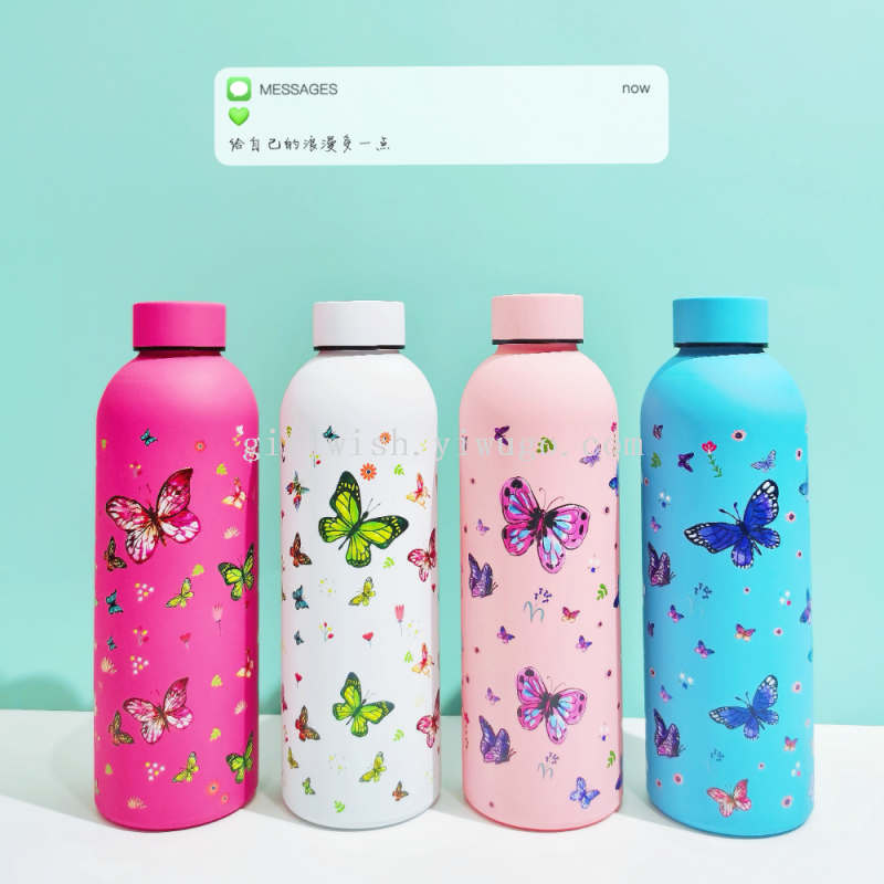 500ML 跨境新款保温杯 高质量立体蝴蝶图案小口瓶304不锈钢 双层真空保温保冷水杯子 可来图来样定制现货STOCK