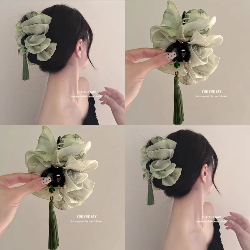 国潮系列只此青绿~复古流苏云朵网纱抓夹新中式气质时尚鲨鱼夹旅行发卡