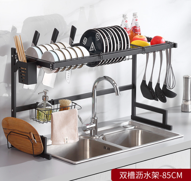 跨境碳钢水槽架贸易黑色便宜碗碟沥水架厨房碗盘粘板刀具置物架产品图