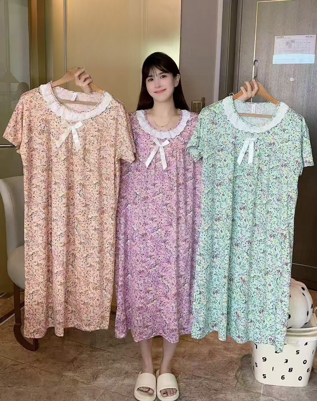 牛奶丝睡衣可爱碎花睡裙女士睡衣夏季睡衣短袖长裙睡衣套装女装批发外贸跨境睡衣