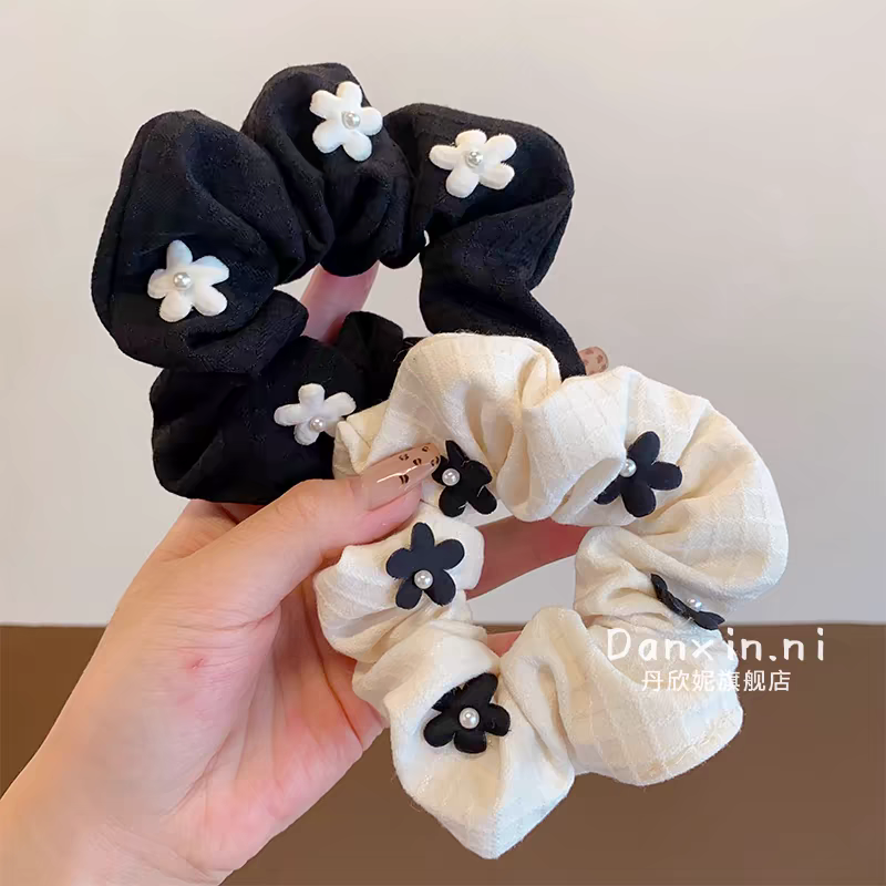 Children's small fragrant flower large intestine hair band, new children's hair flower elastic band, girls' updo hair bun hair rope. Dotted with small white flowers detail image 3