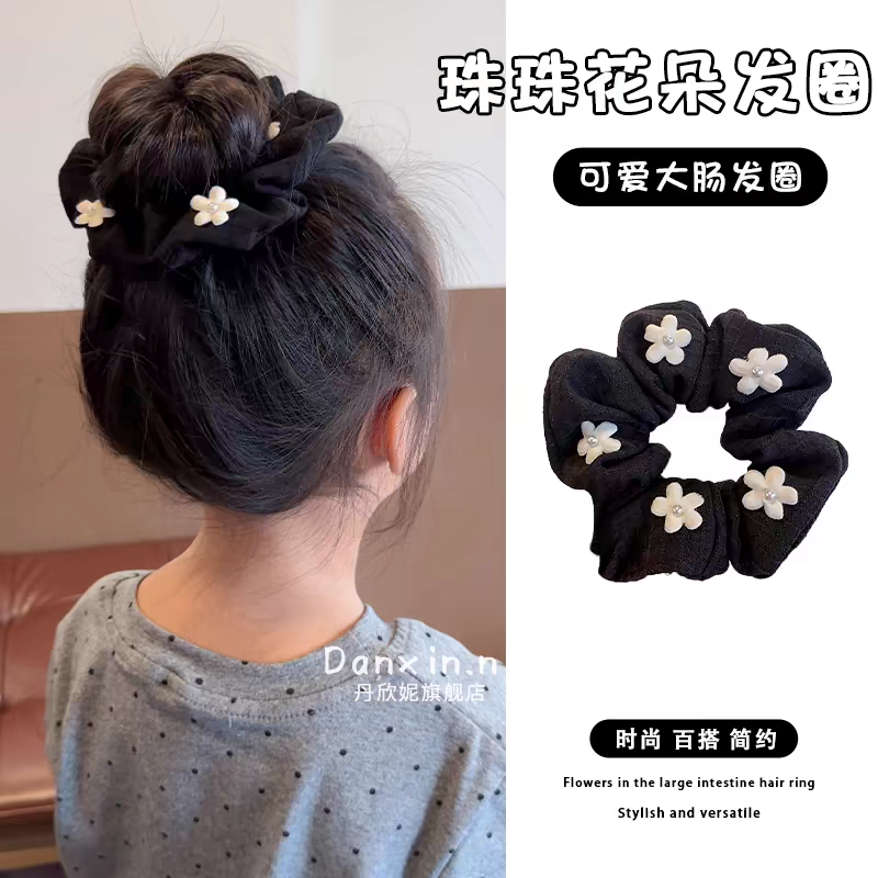 Children's small fragrant flower large intestine hair band, new children's hair flower elastic band, girls' updo hair bun hair rope. Dotted with small white flowers detail image 4