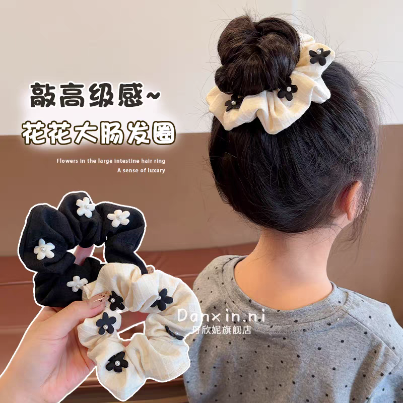 Children's small fragrant flower large intestine hair band, new children's hair flower elastic band, girls' updo hair bun hair rope. Dotted with small white flowers Application Scenario