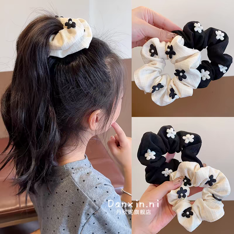 Children's small fragrant flower large intestine hair band, new children's hair flower elastic band, girls' updo hair bun hair rope. Dotted with small white flowers Item Picture