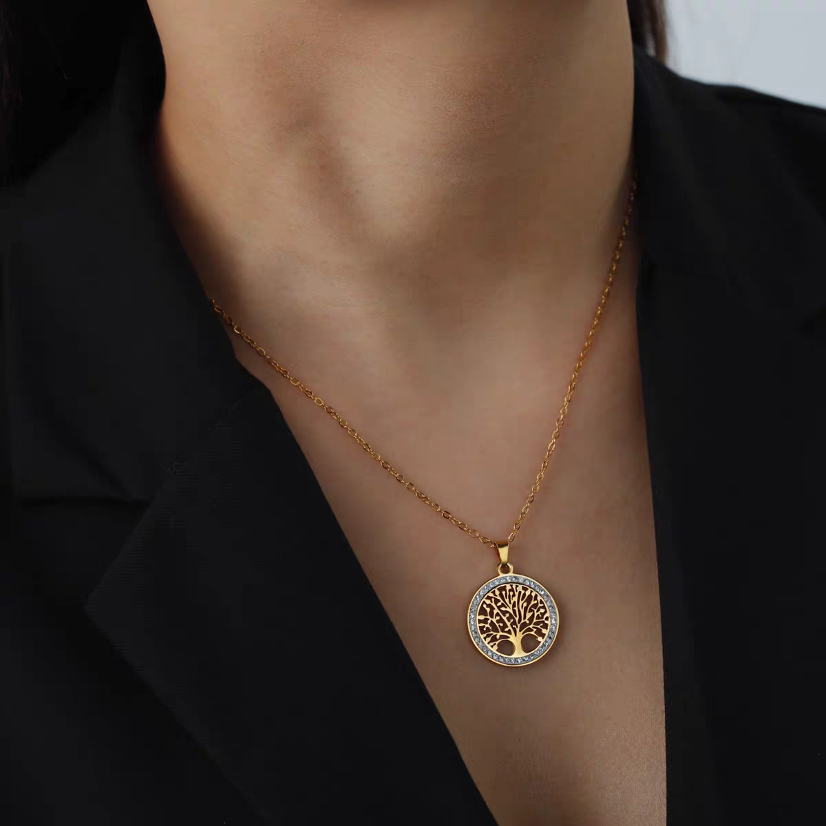 欧美潮流时尚百搭新款不锈钢项链生命树陶泥钻饰品饰品细节图
