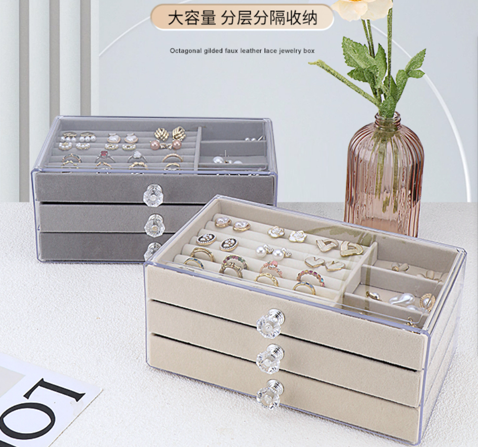 New acrylic jewelry storage box, multi-layer large-capacity stud earrings, earrings, earrings, rings, velvet jewelry box storage box details Picture