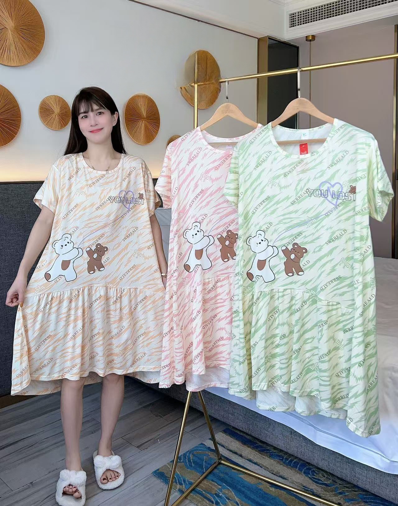 【三月新款】牛奶丝夏季睡衣甜美可爱睡衣夏季短袖睡裙夏季卡通家居服热卖女装批发外贸跨境