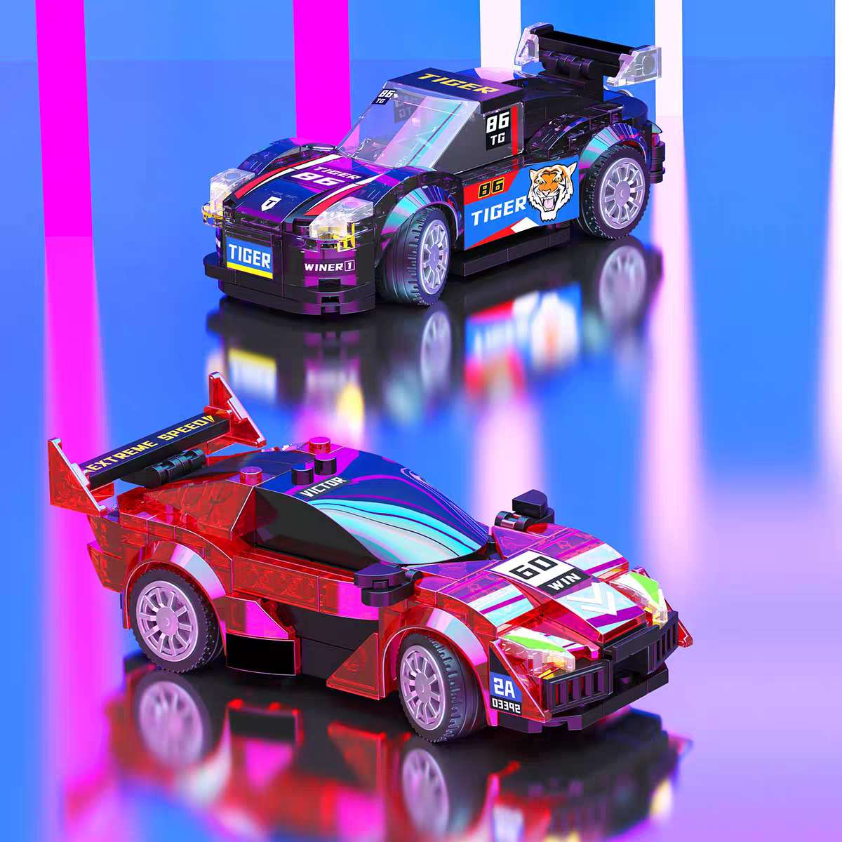 GZ7023 Cyberpunk Luminous Racing car children's car model Boy and girl building block toy gift details Picture