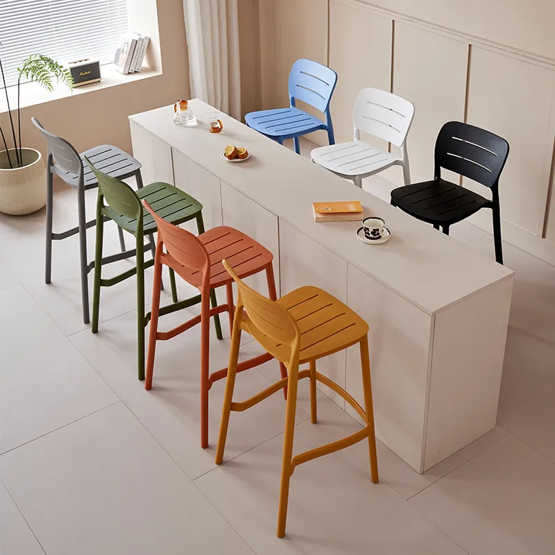 Nordic designer bar stools, modern, simple and light luxury plastic bar stools, stackable, popular outdoor high stools for bars details Picture