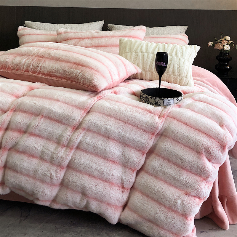 Wholesale of four-piece sets of thick, soft and fine plush warm wide striped rabbit plush bed sheets for cross-border autumn and winter pic 15