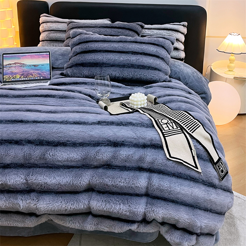 Wholesale of four-piece sets of thick, soft and fine plush warm wide striped rabbit plush bed sheets for cross-border autumn and winter pic 22