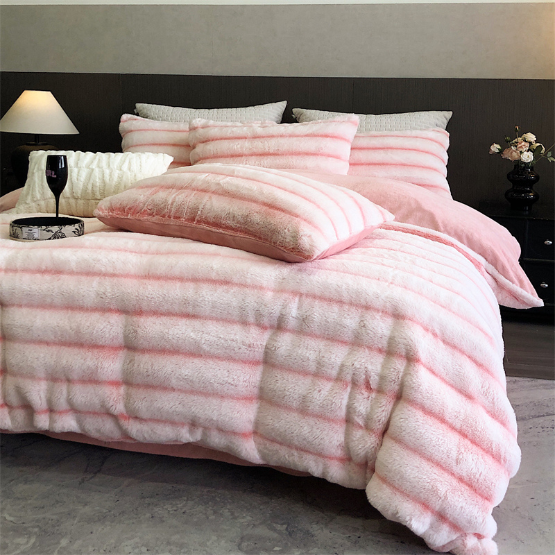 Wholesale of four-piece sets of thick, soft and fine plush warm wide striped rabbit plush bed sheets for cross-border autumn and winter pic 24
