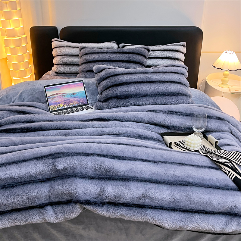 Wholesale of four-piece sets of thick, soft and fine plush warm wide striped rabbit plush bed sheets for cross-border autumn and winter pic 1