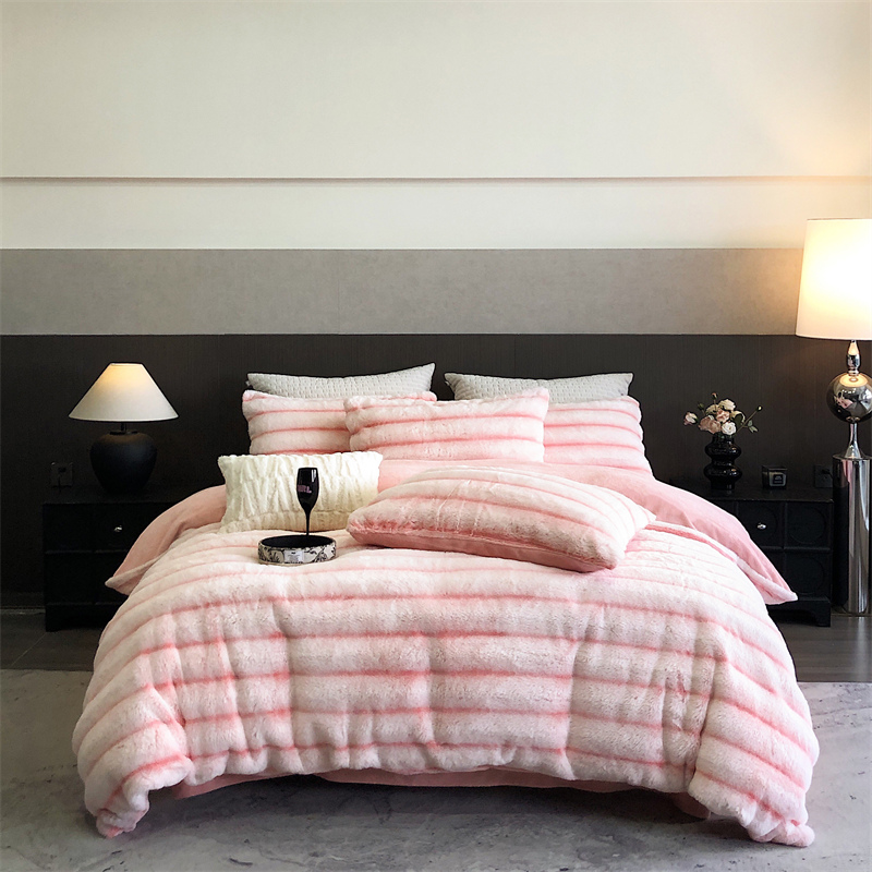 Wholesale of four-piece sets of thick, soft and fine plush warm wide striped rabbit plush bed sheets for cross-border autumn and winter pic 2