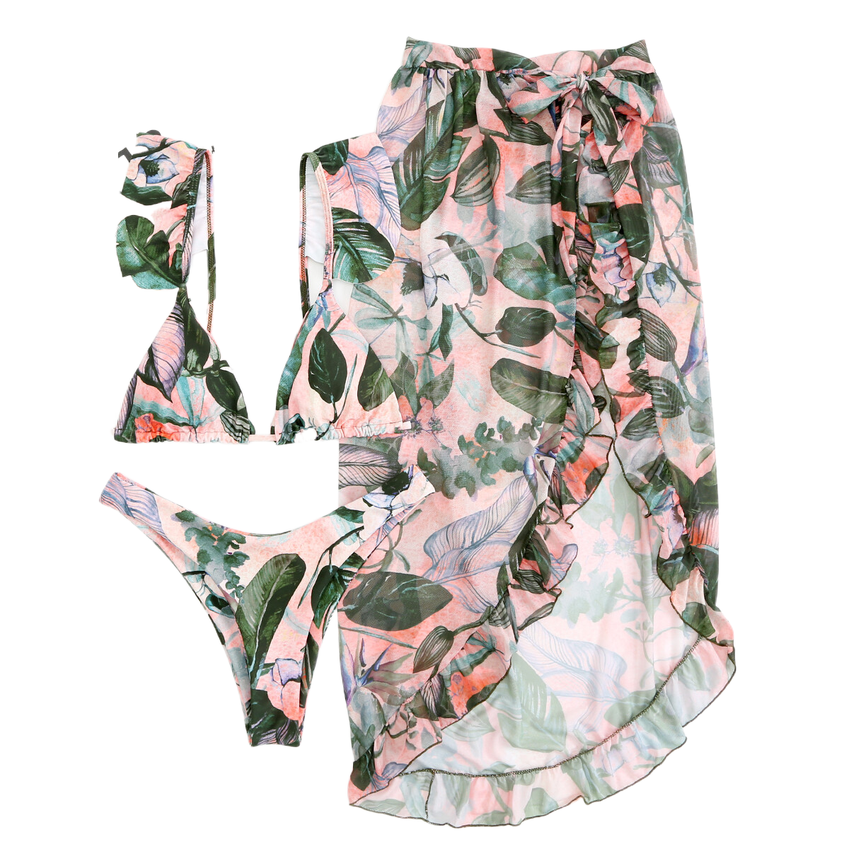 新款分体泳衣女外单耐穿泳装跨境亚马逊游泳衣厂家批发比基尼三件套网纱印花性感露背国潮