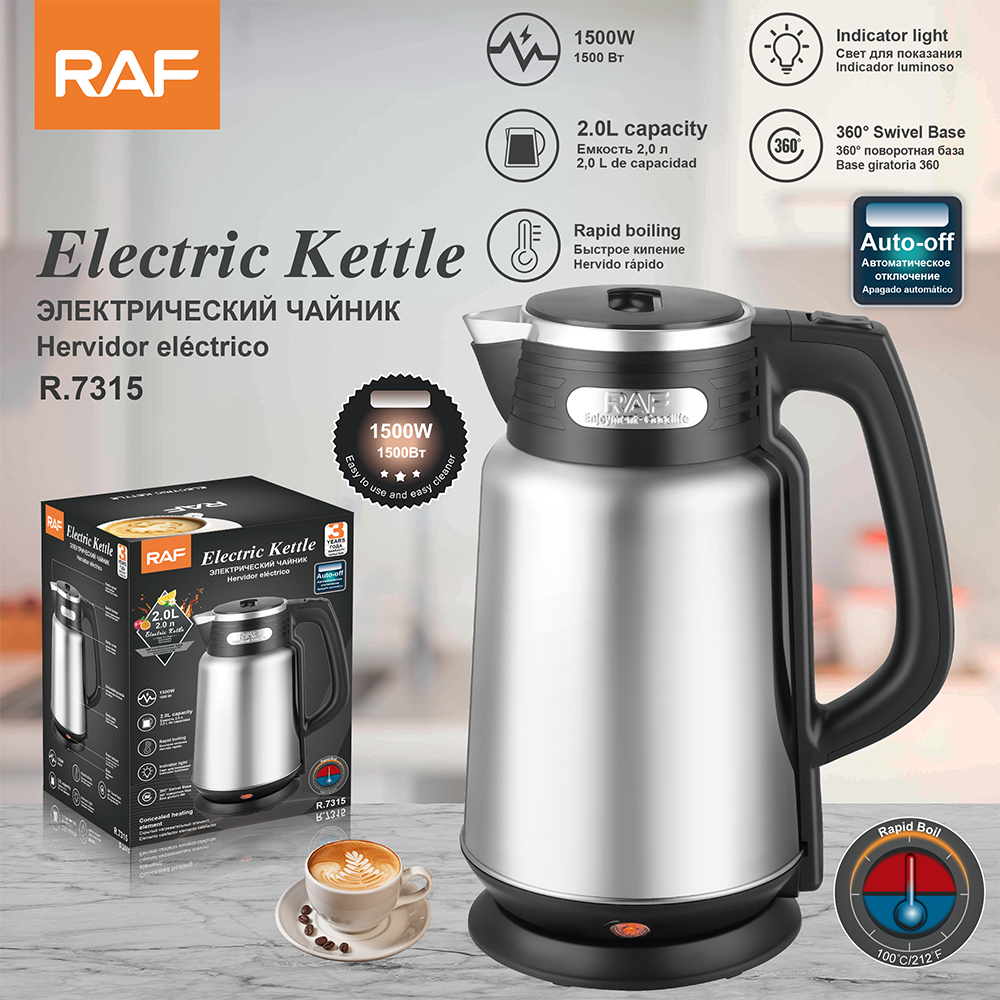 RAF European standard cross-border 2.0L electric kettle, household stainless steel electric kettle, automatically cuts off power and heats up quickly